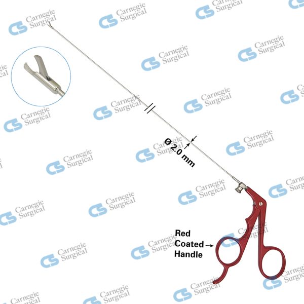 Hook Blade Scissors With crocodile style single action jaws, luer lock flush port, extra long with red coated handle