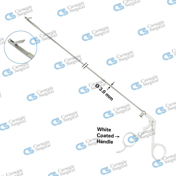 Reverse Grasping Forceps With crocodile style single action jaws, luer lock flush port, extra long with white coated handle Reverse Grasping Forceps With crocodile style single action jaws, luer lock flush port, extra long with white coated handle